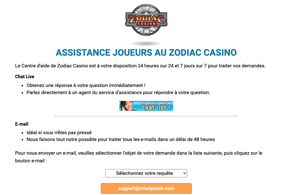 Zodiac Casino Support